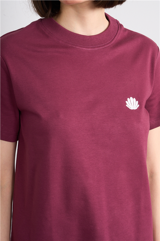 Ikoll Y26 1004963 016 Bordo İstiridye Nakışlı T-shirt