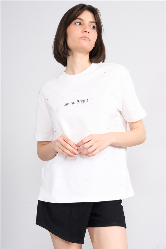 Ikoll Y26 1005112 007 Ekru Kabartma Baskı Interlok T-shirt