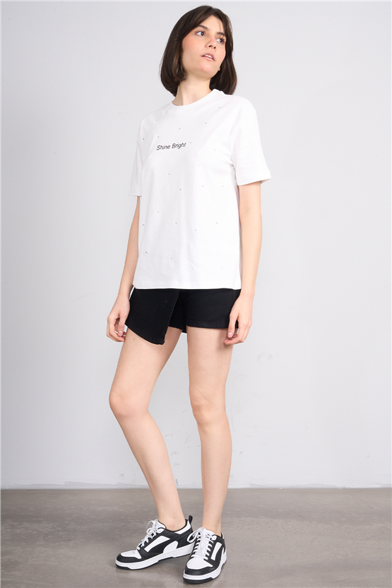 Ikoll Y26 1005112 007 Ekru Kabartma Baskı Interlok T-shirt