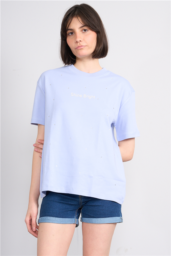 Ikoll Y26 1005112 028 Mavi Kabartma Baskı Interlok T-shirt