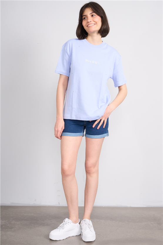 Ikoll Y26 1005112 028 Mavi Kabartma Baskı Interlok T-shirt