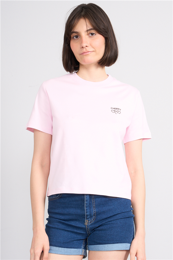 Ikoll Y26 1005114 025 Pembe Kalp Taslı T-shirt