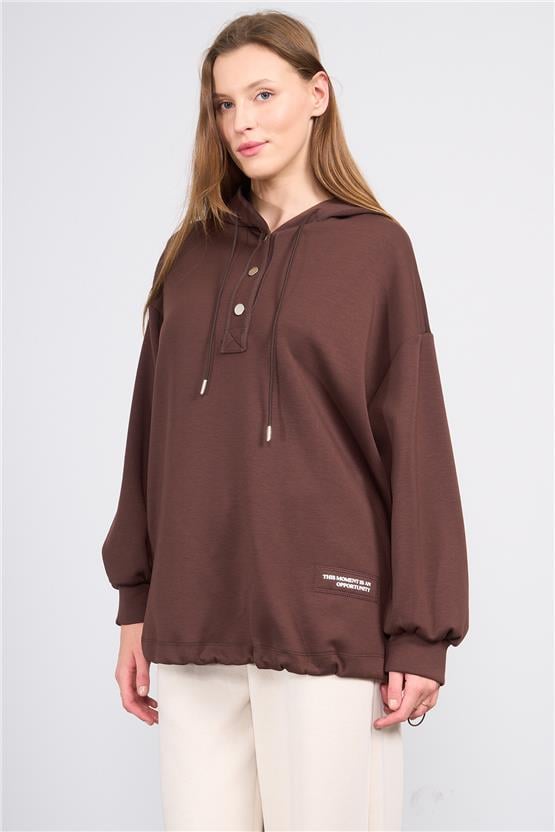 Ikoll K26 0035785 017 Kahve Kadın Karyoka Detaylı Kapısonlu Cıtcıtlı S-Shırt