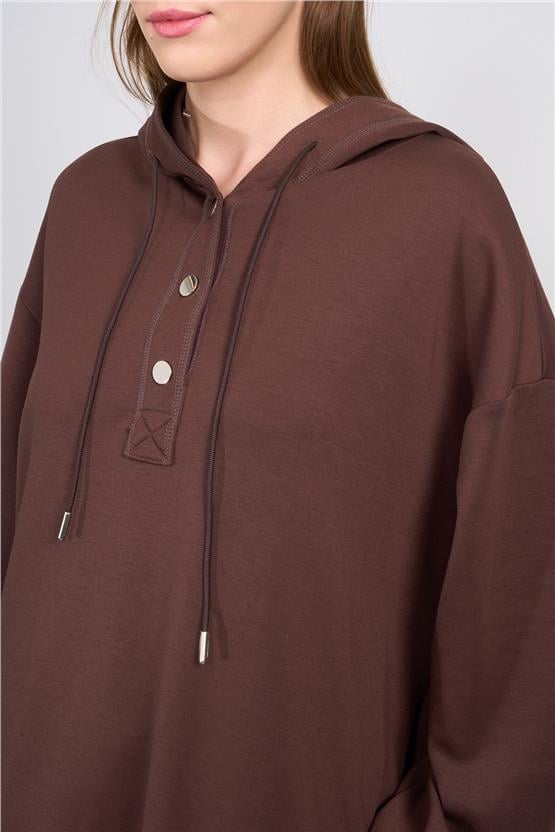 Ikoll K26 0035785 017 Kahve Kadın Karyoka Detaylı Kapısonlu Cıtcıtlı S-Shırt