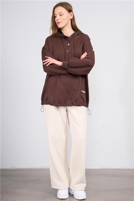 Ikoll K26 0035785 017 Kahve Kadın Karyoka Detaylı Kapısonlu Cıtcıtlı S-Shırt