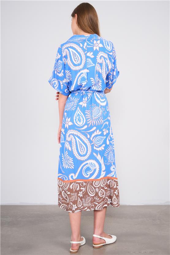 Ikoll Y25 1002518 Saks Kadın Kısa Kollu Cıcek Desenlı Elbıse