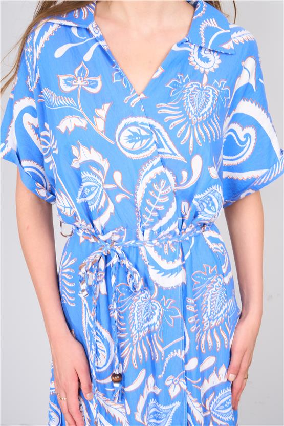 Ikoll Y25 1002518 Saks Kadın Kısa Kollu Cıcek Desenlı Elbıse