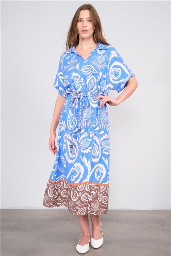 Ikoll Y25 1002518 Saks Kadın Kısa Kollu Cıcek Desenlı Elbıse