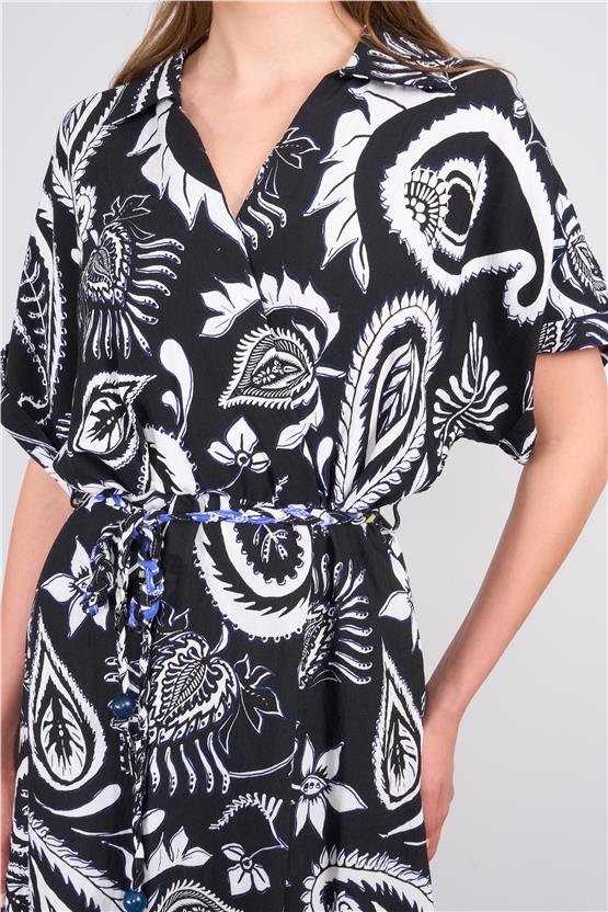 Ikoll Y25 1002518 Sıyah Kadın Kısa Kollu Cıcek Desenlı Elbıse