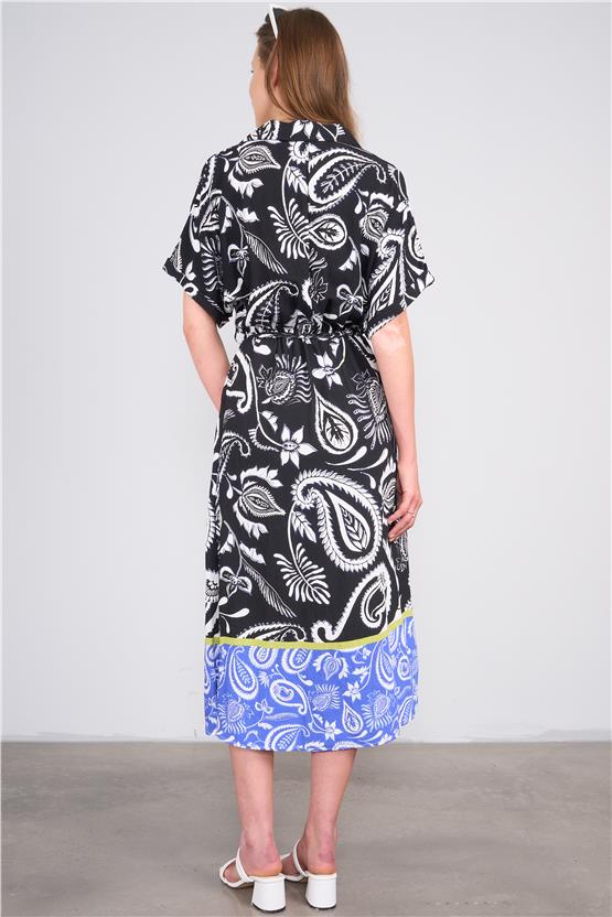 Ikoll Y25 1002518 Sıyah Kadın Kısa Kollu Cıcek Desenlı Elbıse