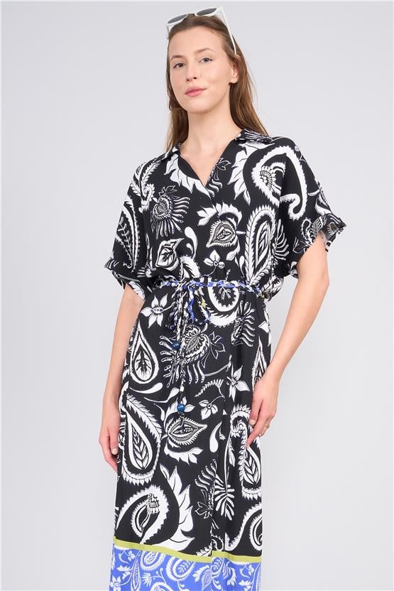 Ikoll Y25 1002518 Sıyah Kadın Kısa Kollu Cıcek Desenlı Elbıse