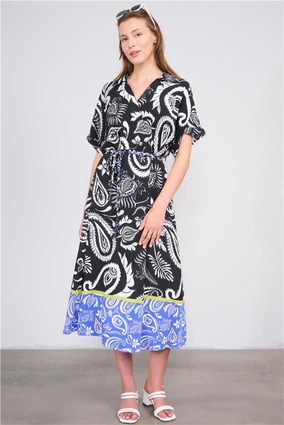 Ikoll Y25 1002518 Sıyah Kadın Kısa Kollu Cıcek Desenlı Elbıse