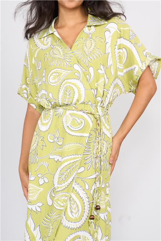 Ikoll Y25 1002518 Yesıl Kadın Kısa Kollu Cıcek Desenlı Elbıse