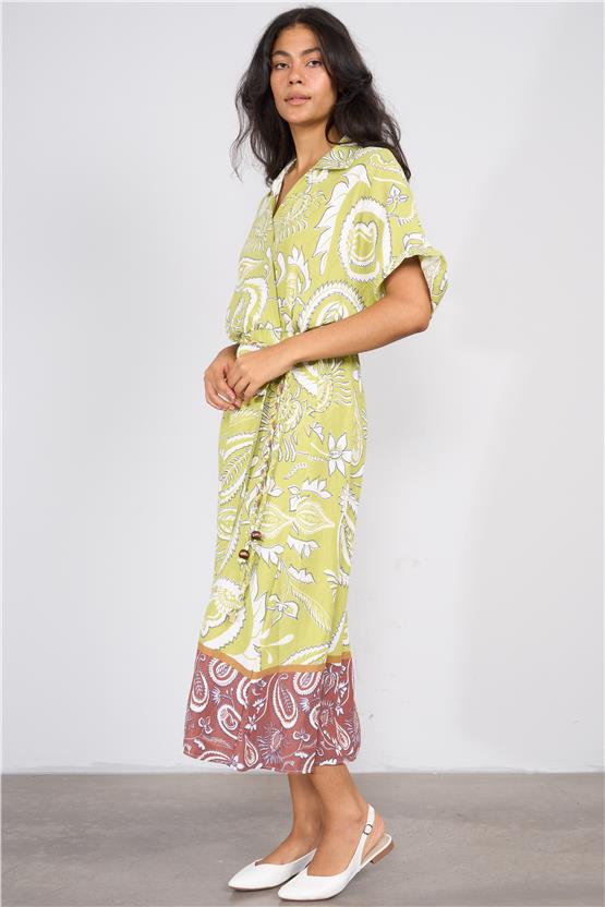 Ikoll Y25 1002518 Yesıl Kadın Kısa Kollu Cıcek Desenlı Elbıse