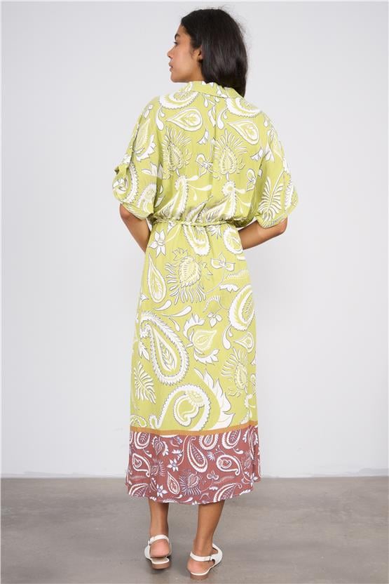 Ikoll Y25 1002518 Yesıl Kadın Kısa Kollu Cıcek Desenlı Elbıse