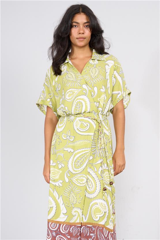 Ikoll Y25 1002518 Yesıl Kadın Kısa Kollu Cıcek Desenlı Elbıse