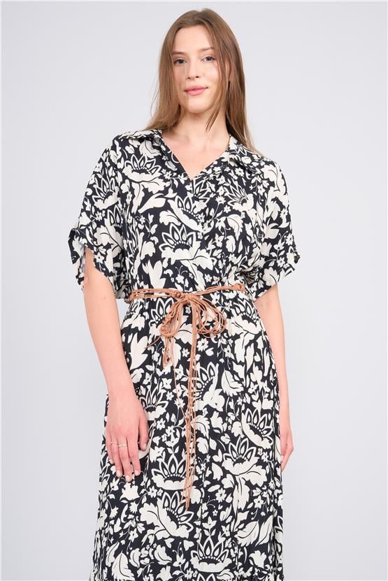 Ikoll Y25 1002523 Sıyah Kadın Kısa Kollu Cıceklı Kemerlı Elbıse