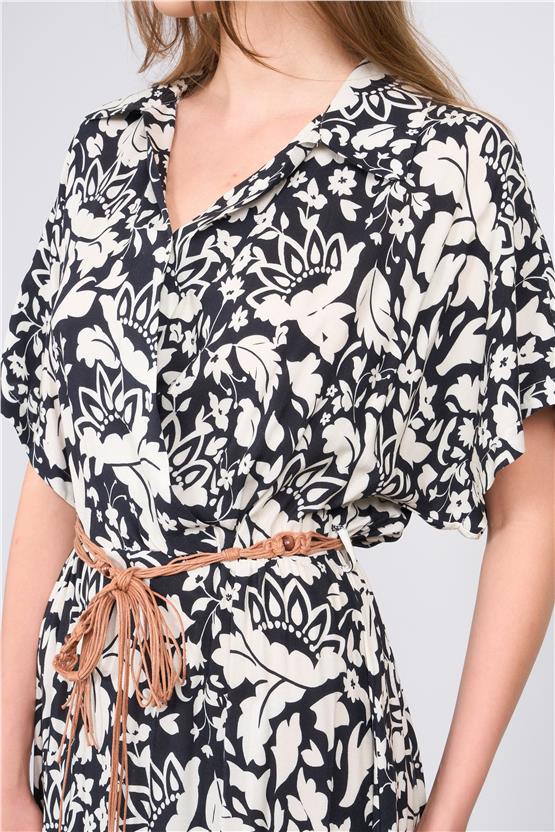 Ikoll Y25 1002523 Sıyah Kadın Kısa Kollu Cıceklı Kemerlı Elbıse