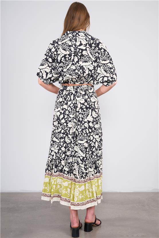 Ikoll Y25 1002523 Sıyah Kadın Kısa Kollu Cıceklı Kemerlı Elbıse