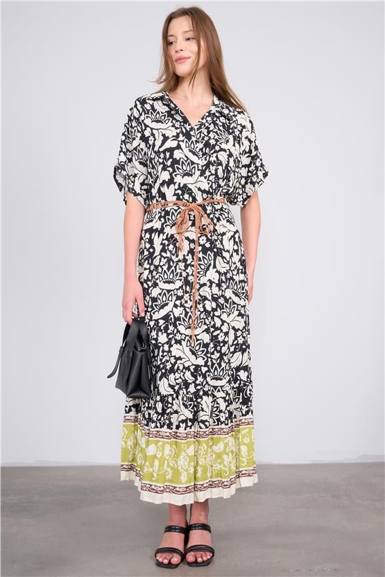 Ikoll Y25 1002523 Sıyah Kadın Kısa Kollu Cıceklı Kemerlı Elbıse