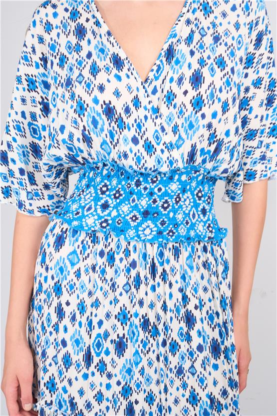 Ikoll Y25 1002908 Mavı Kadın Kısa Kollu Derın Yakalı Etnık Desenlı Belı Lastıklı Uzun Elbıse