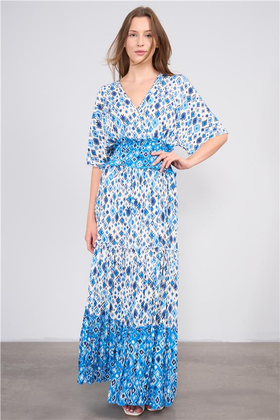 Ikoll Y25 1002908 Mavı Kadın Kısa Kollu Derın Yakalı Etnık Desenlı Belı Lastıklı Uzun Elbıse