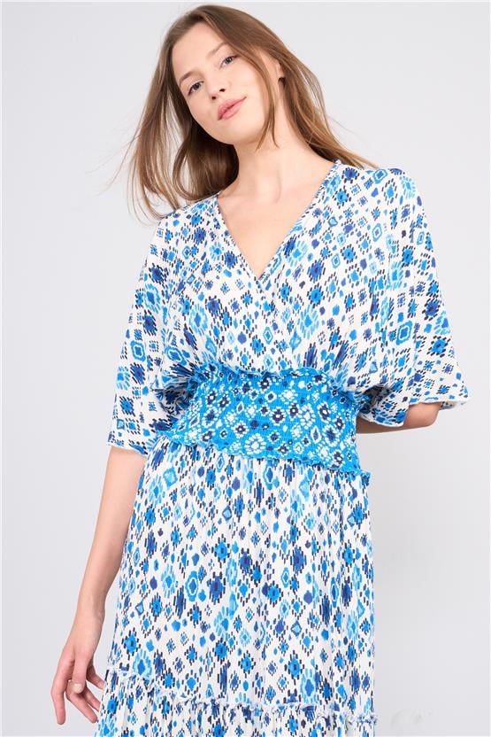 Ikoll Y25 1002908 Mavı Kadın Kısa Kollu Derın Yakalı Etnık Desenlı Belı Lastıklı Uzun Elbıse