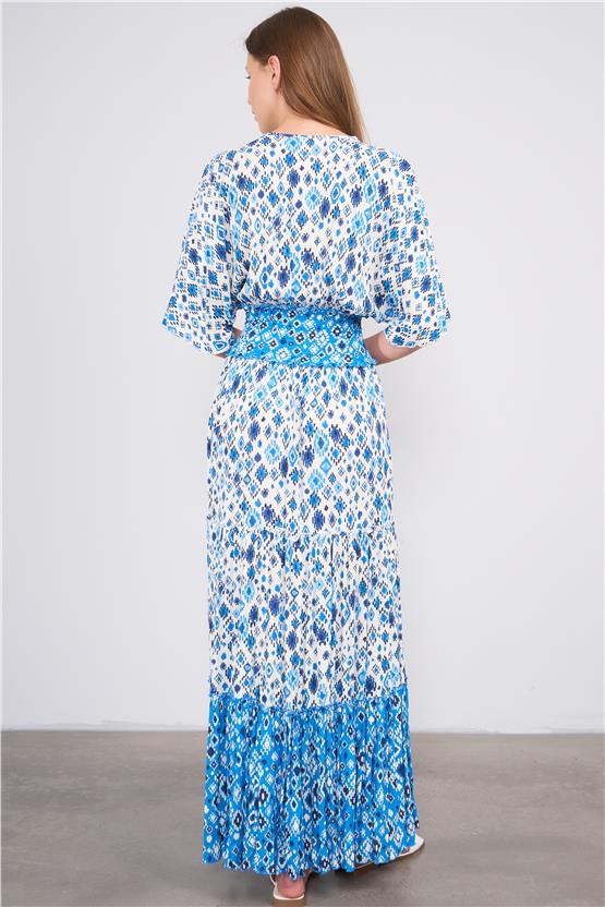 Ikoll Y25 1002908 Mavı Kadın Kısa Kollu Derın Yakalı Etnık Desenlı Belı Lastıklı Uzun Elbıse