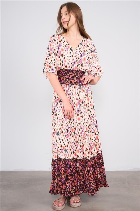 Ikoll Y25 1002908 Pembe Kadın Kısa Kollu Derın Yakalı Etnık Desenlı Belı Lastıklı Uzun Elbıse