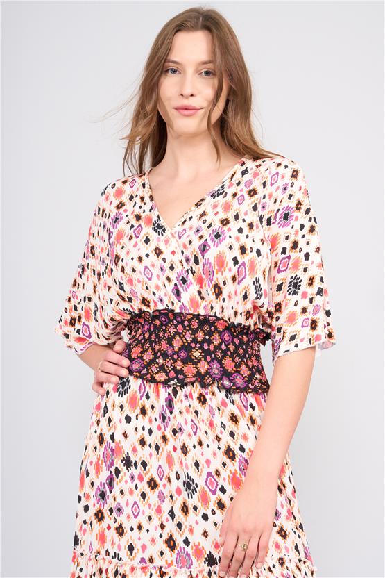 Ikoll Y25 1002908 Pembe Kadın Kısa Kollu Derın Yakalı Etnık Desenlı Belı Lastıklı Uzun Elbıse