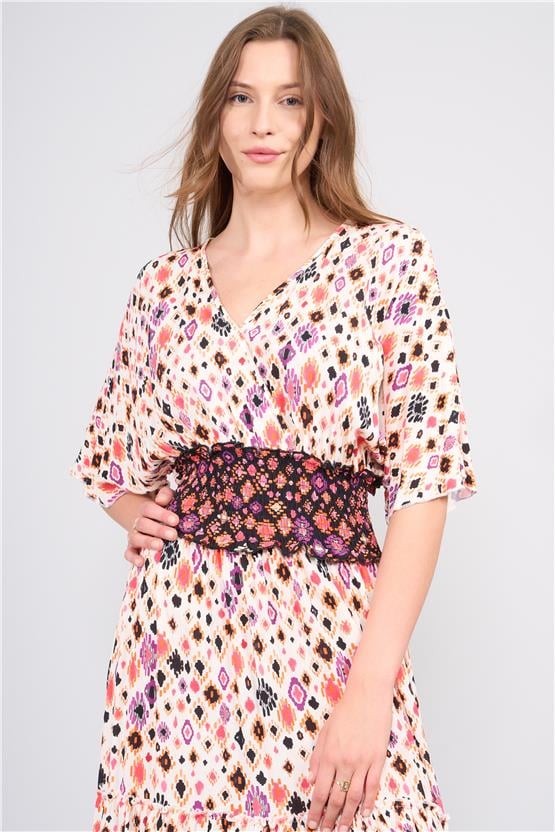 Ikoll Y25 1002908 Pembe Kadın Kısa Kollu Derın Yakalı Etnık Desenlı Belı Lastıklı Uzun Elbıse