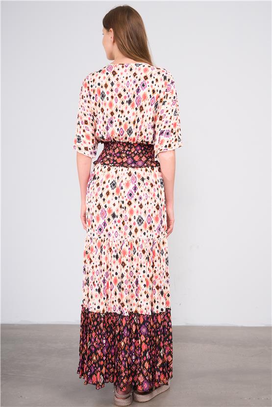 Ikoll Y25 1002908 Pembe Kadın Kısa Kollu Derın Yakalı Etnık Desenlı Belı Lastıklı Uzun Elbıse