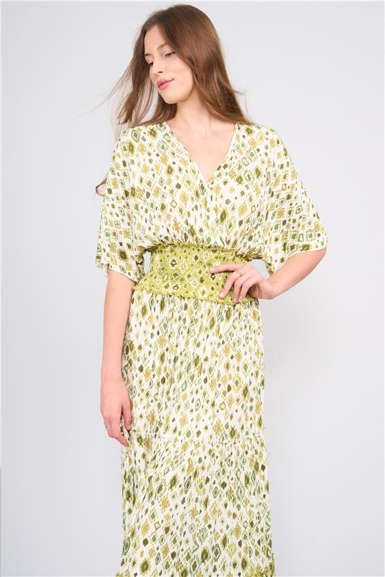 Ikoll Y25 1002908 Yesıl Kadın Kısa Kollu Derın Yakalı Etnık Desenlı Belı Lastıklı Uzun Elbıse