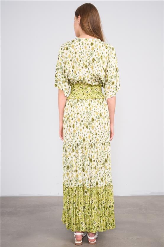 Ikoll Y25 1002908 Yesıl Kadın Kısa Kollu Derın Yakalı Etnık Desenlı Belı Lastıklı Uzun Elbıse