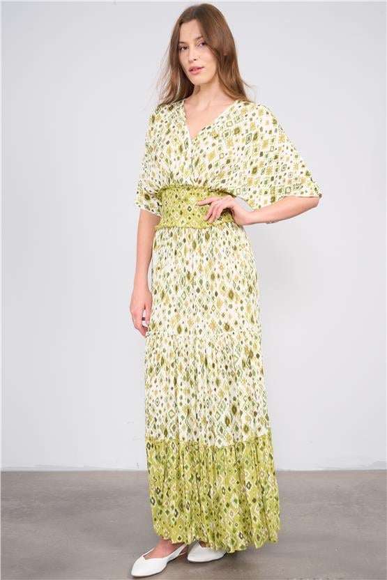 Ikoll Y25 1002908 Yesıl Kadın Kısa Kollu Derın Yakalı Etnık Desenlı Belı Lastıklı Uzun Elbıse