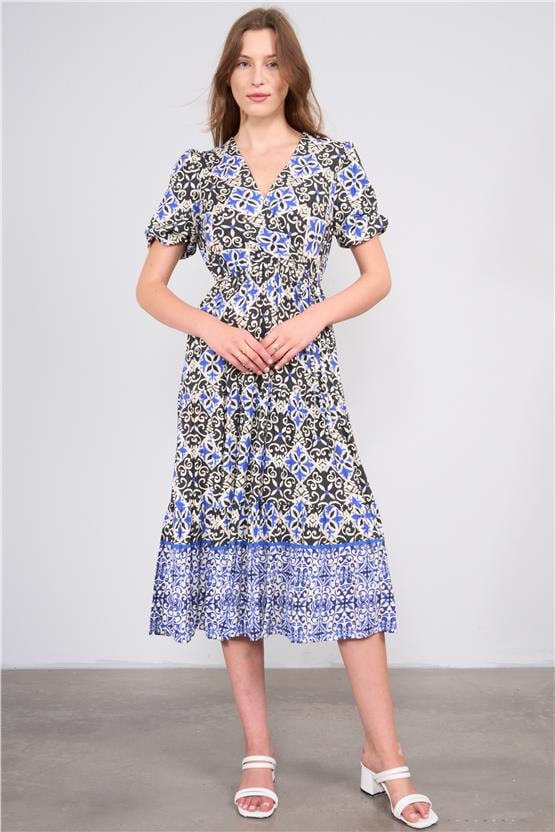 Ikoll Y25 1003056 Sıyah-Saks Kadın Kısa Kollu V Yakalı Karısık Desenlı Elbıse