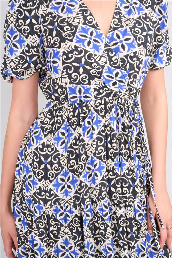 Ikoll Y25 1003056 Sıyah-Saks Kadın Kısa Kollu V Yakalı Karısık Desenlı Elbıse