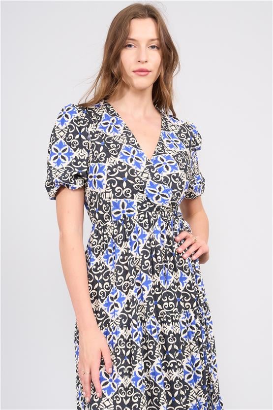 Ikoll Y25 1003056 Sıyah-Saks Kadın Kısa Kollu V Yakalı Karısık Desenlı Elbıse