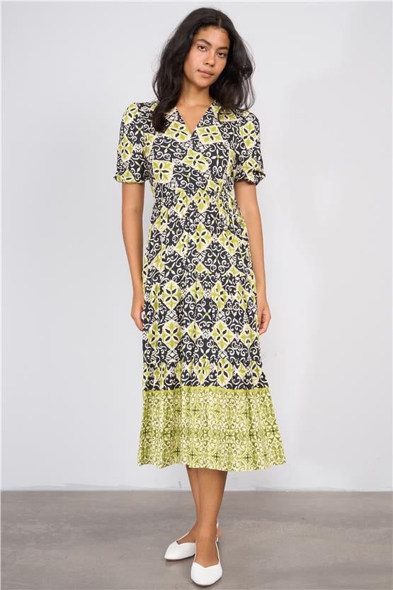 Ikoll Y25 1003056 Yesıl-Sıyah Kadın Kısa Kollu V Yakalı Karısık Desenlı Elbıse