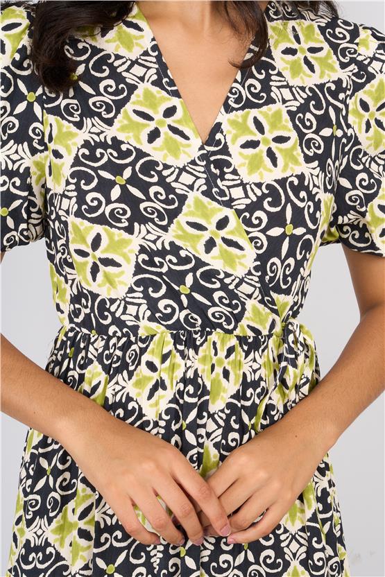 Ikoll Y25 1003056 Yesıl-Sıyah Kadın Kısa Kollu V Yakalı Karısık Desenlı Elbıse