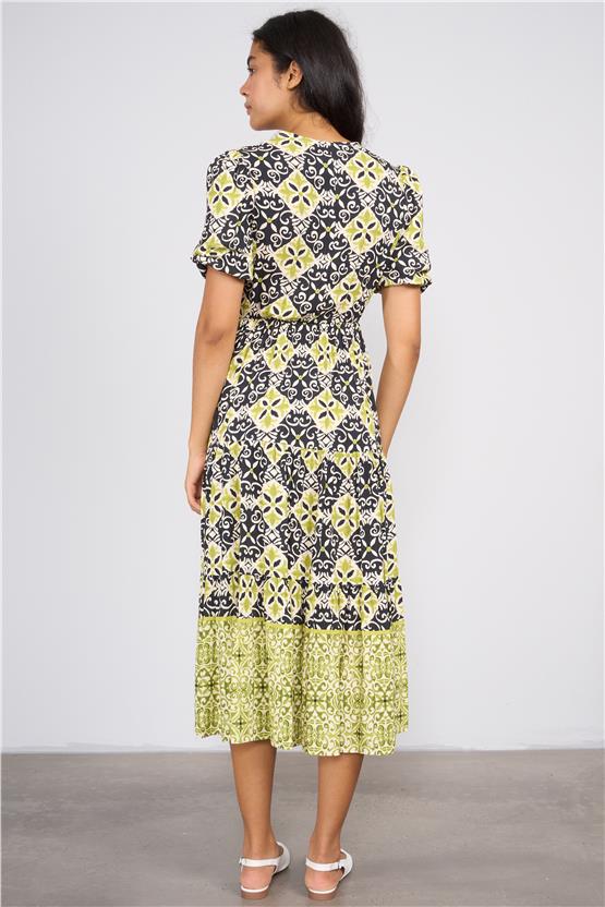 Ikoll Y25 1003056 Yesıl-Sıyah Kadın Kısa Kollu V Yakalı Karısık Desenlı Elbıse