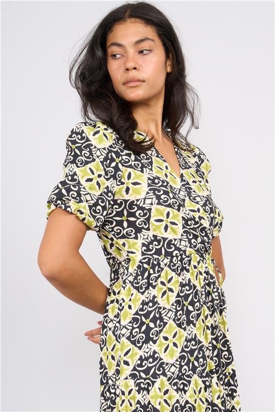 Ikoll Y25 1003056 Yesıl-Sıyah Kadın Kısa Kollu V Yakalı Karısık Desenlı Elbıse