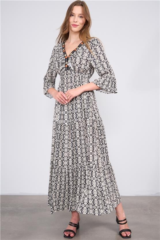 Ikoll Y25 1003098 Sıyah Kadın Fakır Kol Islemelı Yakalı Cıceklı Uzun Elbıse