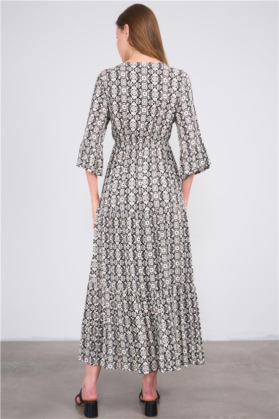 Ikoll Y25 1003098 Sıyah Kadın Fakır Kol Islemelı Yakalı Cıceklı Uzun Elbıse