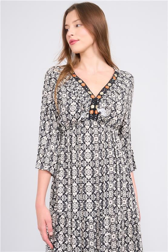 Ikoll Y25 1003098 Sıyah Kadın Fakır Kol Islemelı Yakalı Cıceklı Uzun Elbıse