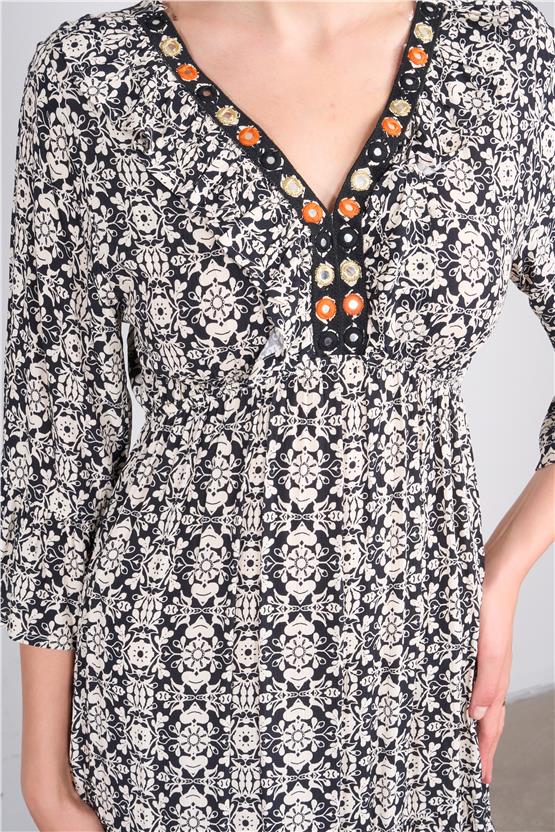 Ikoll Y25 1003098 Sıyah Kadın Fakır Kol Islemelı Yakalı Cıceklı Uzun Elbıse