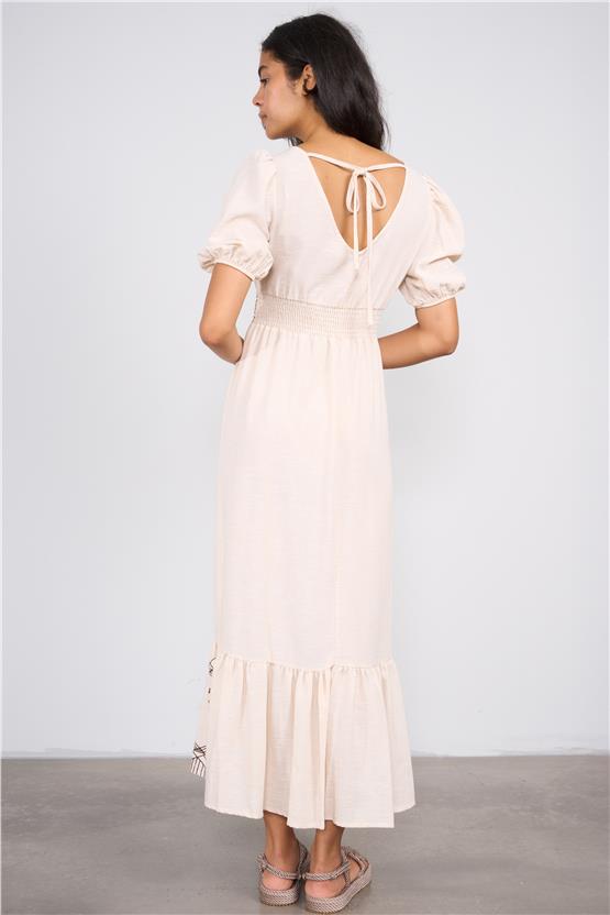 Ikoll Y25 1003282 Krem Kadın Karpuz Kollu V Yaka Serıtlı Elbıse