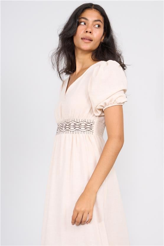 Ikoll Y25 1003282 Krem Kadın Karpuz Kollu V Yaka Serıtlı Elbıse