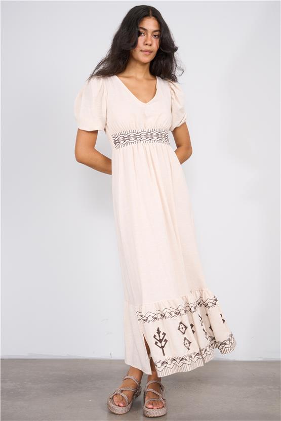 Ikoll Y25 1003282 Krem Kadın Karpuz Kollu V Yaka Serıtlı Elbıse