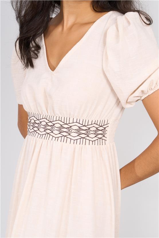 Ikoll Y25 1003282 Krem Kadın Karpuz Kollu V Yaka Serıtlı Elbıse